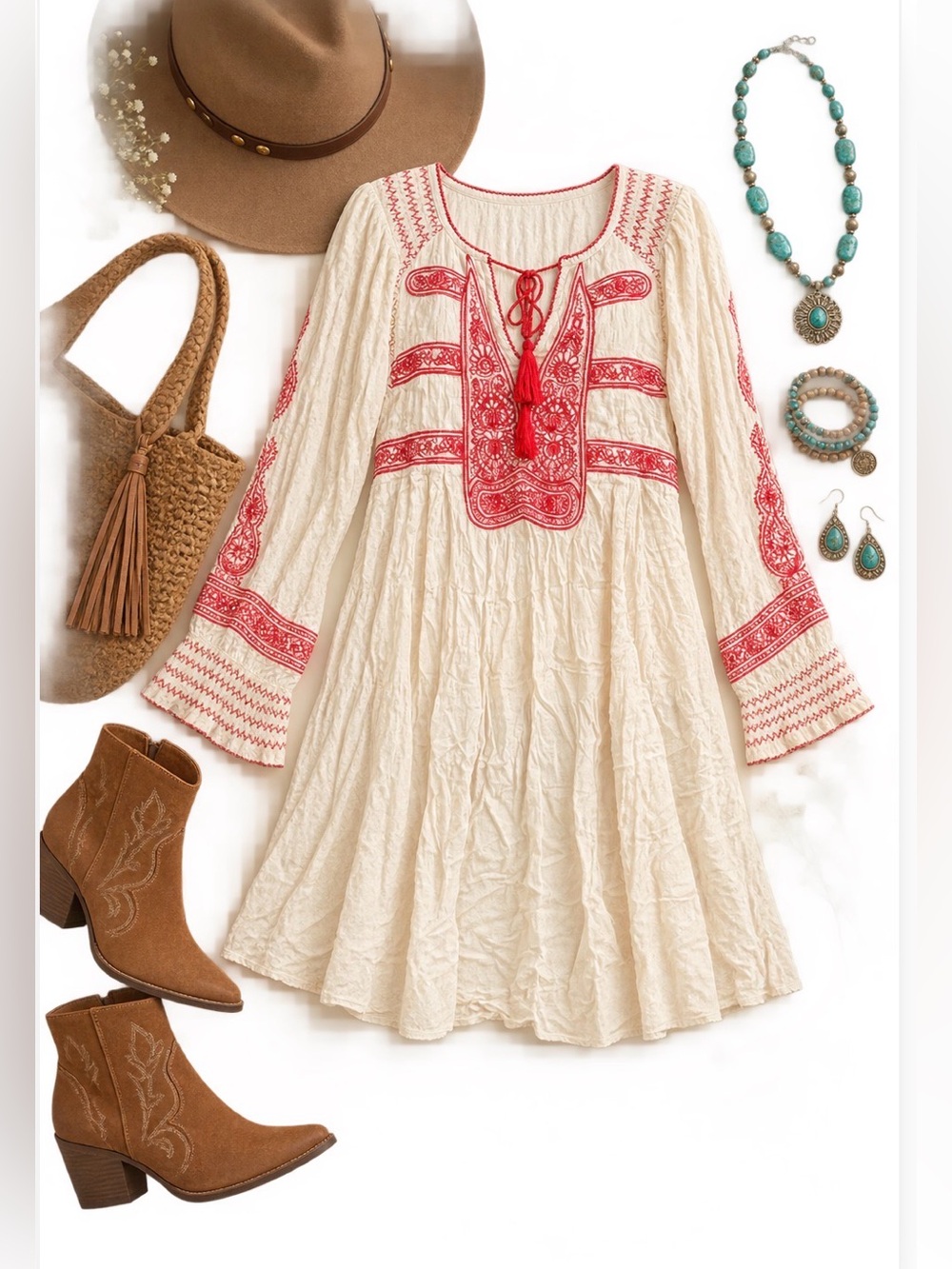 Free People Boho Cream and Red Embroidered  Mini Dress